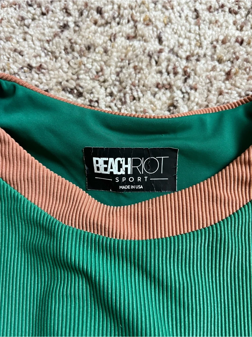 Beach Riot Sport Green Ribbed High Neck Neutral Color Block Sports Bra - Picture 3 of 5